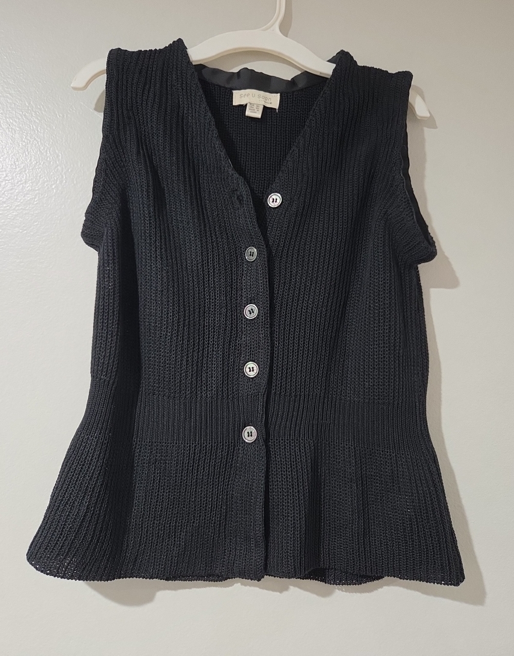 Sleeveless Black Button-Front Knit Shell
